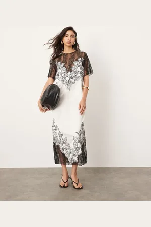 ASOS Satin and contrast lace applique embroidered column midi dress in