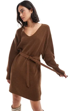 EDITED the label Tie waist knitted mini dress in tobacco