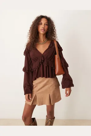 ASOS Ruffle detail mesh blouse with plunge neck in chocolate