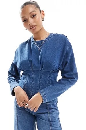 ASOS Denim jersey top with cinched waist in midwash