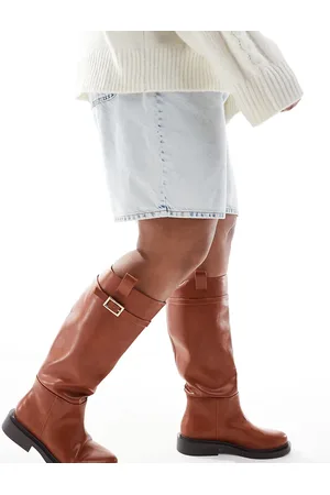 ASOS Curve Callie smart flat riding knee boots in tan