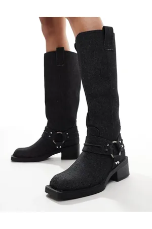 ASOS Camila flat western harness knee boots in dark denim