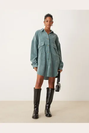 ASOS Cord oversized shirt dress with drop pocket in sea