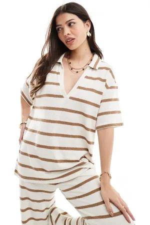 ASOS Co-ord short sleeve knit look shirt in beige stripe