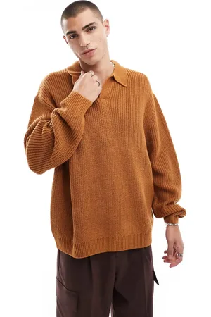 ASOS Oversized knitted fisherman rib notch neck jumper in tan