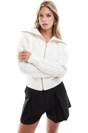 Brave Soul Full zip texture knit top in cream