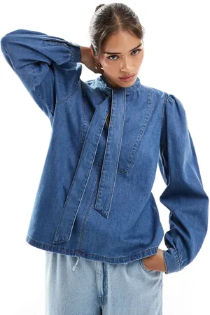 ASOS Denim bow neck shirt in mid