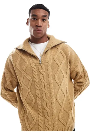 ASOS Oversized heavyweight knitted wool mix cable quarter zip jumper in ecru