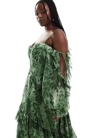 ASOS ASOS DESIGN Curve ruffle midi dress with open sleeves and ties in green floral print
