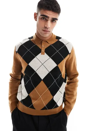 ASOS Knitted polo jumper with argyle pattern in brown