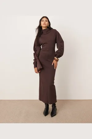 ASOS Textured jersey column midaxi dress with pleat sleeves in mahogany