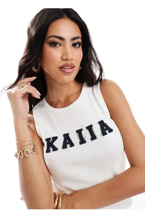 Kaiia Denim applique logo longline vest top in