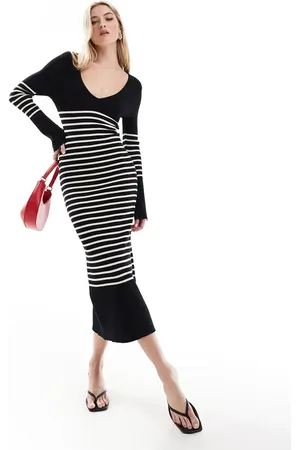 Pretty Lavish Striped knit midi dress in and white