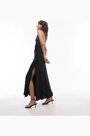 Topshop Deep v open back midi dress in black