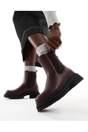 London Rebel Becky chunky mid ankle chelsea boots in burgundy