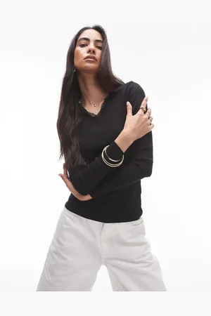 Topshop V neck lace pointelle long sleeve top in black