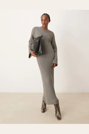 Y.A.S Ribbed maxi dress with tie back waist and fluted sleeves in