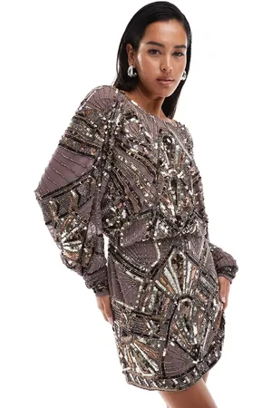ASOS Linear embellished batwing mini dress with cowl back in dusky lilac