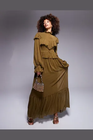 DASKA High neck chiffon ruffle maxi dress in olive
