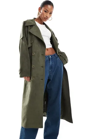 Aria Cove Faux suede belted trench coat in khaki
