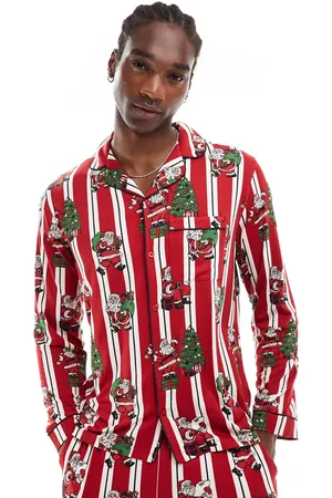 Chelsea Peers Poly Christmas His & Hers long sleeve revere and trouser pyjama set in vintage santa stripe print