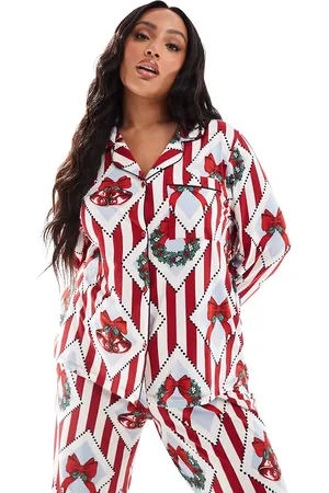 Chelsea Peers Curve poly Chsitmas vintage print long sleeve revere and trouser pyjama set in