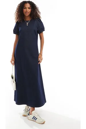 ASOS ASOSD DESIGN denim puff sleeve midi dress in indigo