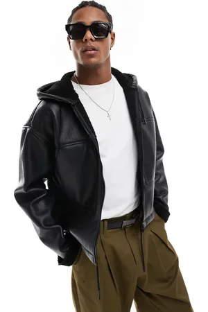 ASOS Faux leather hooded aviator jacket with borg lining in