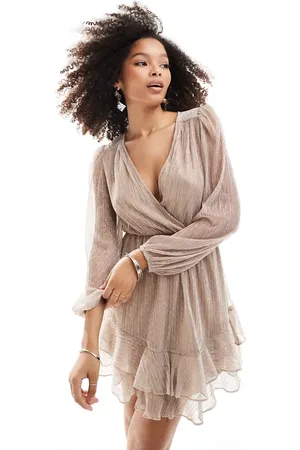 Forever New Metallic plisse mini dress in champagne
