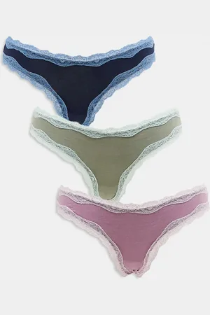 ASOS 3 pack cotton & lace brazilian brief with contrast trim in blue, khaki & purple