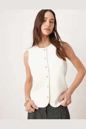 Abercrombie & Fitch Knitted high neck cardigan vest in cream with gold buttons
