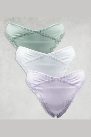 ASOS ASOS DESIGN Curve Viv 3 pack high leg thong with lace trim in lilac, sage & white