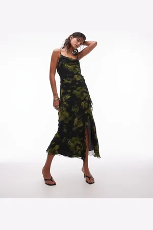 Topshop Sheer drape midi dress in green blurred print