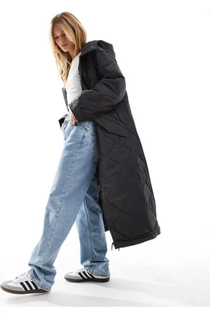 ASOS Longline quilted jacket with hood in charcoal