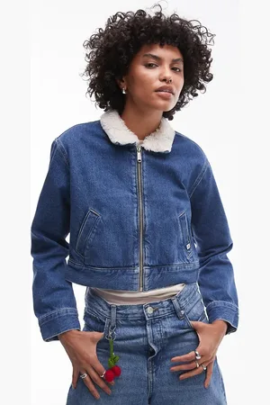 Calvin Klein Sherpa collar zip thru denim jacket in mid wash