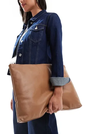 ASOS Leather large puffy zip top clutch in beige