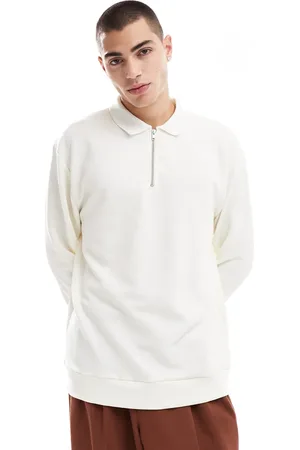 ASOS Long sleeved relaxed polo shirt with quarter zip in cream