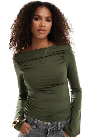 Stradivarius STR polyamide slash neck top in khaki
