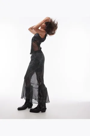 Topshop Sheer panel bias maxi skirt with ruffle in grungy check