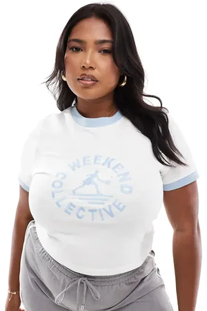 ASOS Weekend Collective Curve textured graphic baby tee with tipping in off white