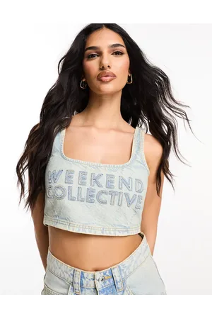 ASOS Weekend Collective denim bralet with raw edge logo