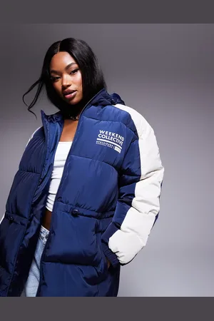 ASOS Weekend Collective waisted padded coat with logo in navy and cream