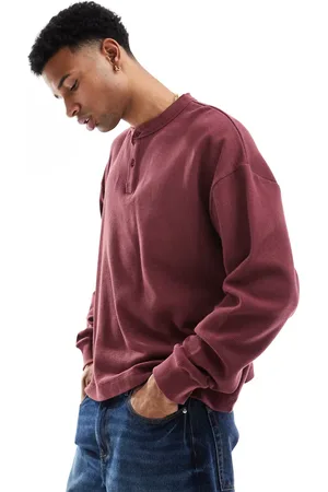 ASOS Oversized boxy waffle long sleeve t-shirt with henley neck in burgundy