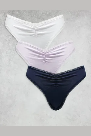 ASOS Libby 3 pack high leg thong with ruched front detail in navy, lilac & white