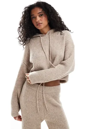ASOS Knitted hoodie with drawstring detail in stone