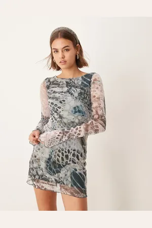 New Look Mesh long sleeve mini dress in snake print