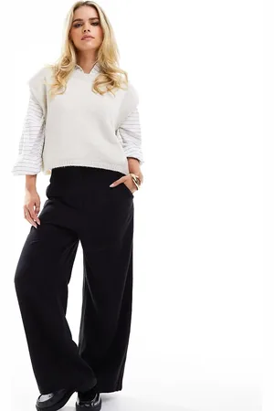 ASOS ASOS DESIGN Petite tailored high waist seam wide leg detail linen trousers in