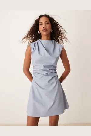 ASOS Leather look high neck sleeveless mini dress with ruching detail in sky