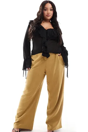 ASOS ASOS DESIGN Curve tailored high waist seam detail wide leg linen trousers in olive