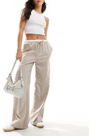 ASOS Tailored wide leg trousers with contrast waistband in taupe stripe